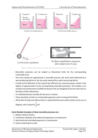 Engineering Thermodynamics (2131905) 3. Second Law of Thermodynamics
Department of Mechanical Engineering Prepared By: Sagar S. Kanjiya
Darshan Institute of Engineering & Technology, Rajkot. Page 3.11
Figure 16 Reversible processes deliver the most and consume the least work
 Reversible processes can be viewed as theoretical limits for the corresponding
irreversible ones.
 The more closely we approximate a reversible process, the more work delivered by a
work-producing device or the less work required by a work-consuming device.
 It leads to the definition of the second law efficiency for actual processes, which is the
degree of approximation to the corresponding reversible processes. This enables us to
compare the performance of different devices that are designed to do the same task on
the basis of their efficiencies.
 It is idealized process actually do not occur in nature.
 There should be no free or unrestricted expansion and no mixing of the fluids.
 Work done during reversible process is represented by area under process curve on p-v
diagram, and is equal to
2
1
pdv

Some Notable Examples of ideal reversible processes are:
1. Motion without friction.
2. Frictionless adiabatic and isothermal expansion or compression.
3. Restricted and controlled expansion or compression.
4. Elastic stretching of a solid.
 