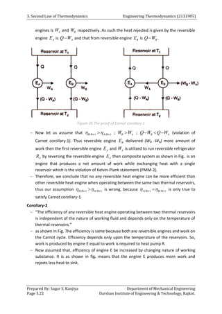 3. Second Law of Thermodynamics Engineering Thermodynamics (2131905)
Prepared By: Sagar S. Kanjiya Department of Mechanical Engineering
Page 3.22 Darshan Institute of Engineering & Technology, Rajkot.
engines is A
W and B
W respectively. As such the heat rejected is given by the reversible
engine A
E is A
Q W
 and that from reversible engine B
E is B
Q W
 .
Figure 26 The proof of Carnot corollary-1
 Now let us assume that ( ) ( )
B Rev A Rev
 
 ; B A
W W
 ; B A
Q W Q W
   (violation of
Carnot corollary-1). Thus reversible engine B
E delivered (WB -WA) more amount of
work then the first reversible engine A
E and A
W is utilized to run reversible refrigerator
A
R by reversing the reversible engine A
E then composite system as shown in Fig. is an
engine that produces a net amount of work while exchanging heat with a single
reservoir which is the violation of Kelvin-Plank statement (PMM-2).
 Therefore, we conclude that no any reversible heat engine can be more efficient than
other reversible heat engine when operating between the same two thermal reservoirs,
thus our assumption ( ) ( )
B Rev A Rev
 
 is wrong, because ( ) ( )
A Rev B Rev
 
 is only true to
satisfy Carnot corollary-1.
Corollary-2
 “The efficiency of any reversible heat engine operating between two thermal reservoirs
is independent of the nature of working fluid and depends only on the temperature of
thermal reservoirs.”
 as shown in Fig. The efficiency is same because both are reversible engines and work on
the Carnot cycle. Efficiency depends only upon the temperature of the reservoirs. So,
work is produced by engine E equal to work is required to heat pump R.
 Now assumed that, efficiency of engine E be increased by changing nature of working
substance. It is as shown in fig. means that the engine E produces more work and
rejects less heat to sink.
 