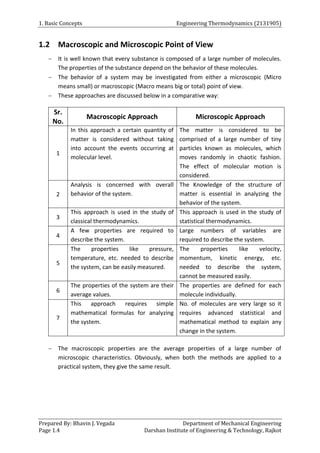 1. Basic Concepts Engineering Thermodynamics (2131905)
Prepared By: Bhavin J. Vegada Department of Mechanical Engineering
Page 1.4 Darshan Institute of Engineering & Technology, Rajkot
1.2 Macroscopic and Microscopic Point of View
 It is well known that every substance is composed of a large number of molecules.
The properties of the substance depend on the behavior of these molecules.
 The behavior of a system may be investigated from either a microscopic (Micro
means small) or macroscopic (Macro means big or total) point of view.
 These approaches are discussed below in a comparative way:
Sr.
No.
Macroscopic Approach Microscopic Approach
1
In this approach a certain quantity of
matter is considered without taking
into account the events occurring at
molecular level.
The matter is considered to be
comprised of a large number of tiny
particles known as molecules, which
moves randomly in chaotic fashion.
The effect of molecular motion is
considered.
2
Analysis is concerned with overall
behavior of the system.
The Knowledge of the structure of
matter is essential in analyzing the
behavior of the system.
3
This approach is used in the study of
classical thermodynamics.
This approach is used in the study of
statistical thermodynamics.
4
A few properties are required to
describe the system.
Large numbers of variables are
required to describe the system.
5
The properties like pressure,
temperature, etc. needed to describe
the system, can be easily measured.
The properties like velocity,
momentum, kinetic energy, etc.
needed to describe the system,
cannot be measured easily.
6
The properties of the system are their
average values.
The properties are defined for each
molecule individually.
7
This approach requires simple
mathematical formulas for analyzing
the system.
No. of molecules are very large so it
requires advanced statistical and
mathematical method to explain any
change in the system.
 The macroscopic properties are the average properties of a large number of
microscopic characteristics. Obviously, when both the methods are applied to a
practical system, they give the same result.
 