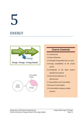 Department of Mechanical Engineering Prepared By: Sagar S. Kanjiya
Darshan Institute of Engineering & Technology, Rajkot. Page 5.1
5
ENERGY
Course Contents
5.1 Introduction
5.2 Basic Definitions
5.3 Available Energy Referred to a Cycle
5.4 Exergy (availability) of the closed
system
5.5 Availability of the Open System
(Steady Flow System)
5.6 Second law efficiency or
effectiveness
5.7 Reversibility and Irreversibility
5.8 Cause of irreversibility
5.9 Irreversibility and gouy-stodala
theorem
 