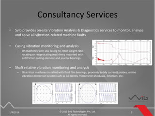 Consultancy Services
• Svib provides on-site Vibration Analysis & Diagnostics services to monitor, analyse
and solve all vibration-related machine faults
• Casing vibration monitoring and analysis
– On machines with low casing-to-rotor weight ratio
rotating or reciprocating machinery mounted with
antifriction rolling element and journal bearings.
• Shaft relative vibration monitoring and analysis
– On critical machines installed with fluid film bearings, proximity (eddy current) probes, online
vibration protection system such as GE-Bently, Vibrometer,Shinkawa, Emerson, etc.
1/4/2016 © 2015 Svib Technologies Pvt. Ltd.
All rights reserved.
5
 