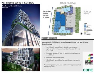 GROUND FLOOR PLANART SHOPPE LOFTS + CONDOS
•	 24,330 sq.ft. ground floor is divisible into numerous
options, restaurant and junior anchors between 353 and
9,877 sq.ft.
•	 Frontages between 27 and 93 feet with ceiling heights of
over 20 feet
•	 Incredible patio opportunities
•	 52,000 sq.ft. second floor has been leased to an anchor
tenant
For demising options, net, and additional rents please contact
the advisory team.
Two Towers, 12 and 28 Stories,
646 units
PROPERTY HIGHLIGHTS
Approximately 75,000 sq.ft. of retail space with over 200 feet of Yonge
Street Frontage
HILLSDALE AVENUE
Legend
SOUDAN AVENUE
YONGESTREET
Junior Anchor
Retail
Restaurant
Residential Lobby
Residential Elevators
Anchor
BOH/Services
Food Seating
Full City Block
Exposure
just south
of Eglinton!
25,000 sq.ft.
(approx)
 