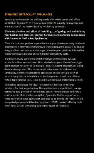 SYMANTEC NETBACKUP™
APPLIANCE FAMILY
OVERVIEW BROCHURE
SYMANTEC NETBACKUP™ APPLIANCES
Symantec understands the shifting needs of the data center and offers
NetBackup appliances as a way for customers to simplify deployment and
maintenance of the market-leading NetBackup software1
.
Eliminate the time and effort of installing, configuring, and maintaining
your backup and disaster recovery hardware and software components
with Symantec NetBackup Appliances.
When it’s time to upgrade or expand the backup or disaster recovery hardware
infrastructure, many customers follow a traditional path to acquire, build, and
integrate their own servers and storage; or look to point products. It is a reflex
that is well known, but also one with hidden productivity costs.
In addition, many customers find themselves with multiple backup
products in their environment. What started as a good idea with a single
point product has evolved to multiple, disparate point products, including
dedupe storage silos. This has resulted in increases in both cost and
complexity. Symantec NetBackup appliances enable consolidation of
separate physical or virtual data protection products; and tape, disk or
virtual tape libraries (VTL), into a single, unified data protection platform.
NetBackup appliances are ideal for customers looking for turnkey
solutions for their organization. The appliances enable efficient, storage-
optimized data protection for the data center, remote offices and virtual
environments. Built on the strength of Symantec NetBackup software,
these enterprise-class appliances continue to be among the leaders in the
integrated purpose-built backup appliance (PBBA) market2
offering both
lower Total Cost of Ownership and higher levels of reliability.
WHY AN INTEGRATED APPLIANCE?
IDC has defined Purpose-Built Backup Appliance (PBBA) into two (2) different
types3
, target systems and integrated systems:
•	 Target systems are used in conjunction with third-party backup software
and designed to integrate in heterogeneous environments.
•	 Integrated systems are tightly
integrated with backup software
to orchestrate the backup and
movement of data.
When comparing target versus
integrated systems, implementing an
integrated appliance for backup and
recovery can be a better solution for
customers wanting to simplify IT tasks, increase productivity, and reduce
operating and capital expenditure costs.
WHY NETBACKUP APPLIANCES?
•	 Industry-leading NetBackup software – Pre-installed with NetBackup
software to provide a comprehensive and integrated backup and storage
solution for customers.
•	 Scalable Architecture – A flexible and scalable architecture enables
NetBackup appliances to be deployed as an all-in-one backup server with
intelligent end-to-end deduplication or in a configuration of multiple
appliances (media servers) that can move hundreds of TB of data per day.
•	 Ultimate virtual machine protection – Built-in support for VMware
vSphere™ and Microsoft Hyper-V®. Unlike some other solutions, the
NetBackup appliances deliver off-host backups with no requirement
for proxy servers thereby eliminating associated complexity, cost and
resource overhead.
•	 Intelligent End-to-End Deduplication – NetBackup integrated appliances
are the only single-vendor enterprise backup appliances that provide end-
to-end deduplication–both source and target side.
NetBackup integrated appliances enable you to easily build and deploy your
organization’s backup and deduplication strategy for
effective information management. Leverage this simple solution
in your NetBackup environment to maximize IT staff time, operations
and storage investment.
NETBACKUP INTEGRATED APPLIANCES
NetBackup
5230
NetBackup 5330
Use Cases Media
Server
Master
Server
Media
Server with
Storage
Media Server
with Storage
Usable
Capacity (TB)
4TB or 14TB 4TB 4 - 148TB 114TB – 229TB
Random Access
Memory (RAM)
64GB 128GB 128TB 384GB
Number of
Concurrent
Backup Jobs
120 500+
				
EXPANSION SHELF
Usable
Capacity (TB)
24 or 36 114.6
		
Refer to respective product data sheets for additional Technical and Environmental
Specifications.
Footnotes:
1. Gartner: Market Share Analysis: Enterprise Distributed System Backup/Recovery Software Market, Worldwide, 2013.
2. IDC Worldwide Quarterly Purpose Built Backup Appliance Tracker – 2014 Q2, Publication Date: 9/18/2014.
3. IDC Market Analysis, Worldwide Purpose-Built Backup Appliances 2012 – 2016 Forecast and 2011 Vendor Shares, #234489, Robert
Amatruda, April 2012.
4. IDC White Paper, The Evolution and Value of Purpose-Built Backup Appliances, #239730, Robert Amatruda, March 2013.
5. Assumes a 10 percent YOY backup server growth. Averages are based on approximately 140 enterprise customer studies by the
Symantec Value Management Office. Individual results may vary, depending on size of company and volume of data.
6. ESG Lab Review Symantec NetBackup 5230 Appliance. The Enterprise Strategy Group, Date: December 2013. Author: Vinny Choinski,
Senior Lab Analyst, and Kerry Dolan, Lab Analyst.
7. Symantec NetBackup 7.6 Benchmark Comparison: Data Protection in a Large-Scale Virtual Environment (Part 1) Analyst Report.
Principled Technologies, July 2014
8. Integrated Swiss Army Knife: Six use cases for data protection appliances, CIO Digest, April 2013.
9. Symantec internal comparison done to NetBackup 5230 Backup Appliance
• Backup observed performance is based on 50 clients, 2 streams per client, 98 percent client deduplication.  
• Recovery observed performance is based on 8 streams at 98% deduplication
• Replication observed performance is based on optimized duplication with backup; 128 streams, 98% deduplication.  
Copyright © 2014 Symantec Corporation. All rights reserved. Symantec, the Symantec Logo, the Checkmark Logo, and NetBackup
are trademarks or registered trademarks of Symantec Corporation or its affiliates in the U.S. and other countries. Other names may be
trademarks of their respective owners.
“Integrated PBBA solutions
are highly tuned and provide
customers a truly turnkey,
simplified way to solve
their backup and revovery
challenges.”4
- IDC
When you can do it simply, you can do it all.
 