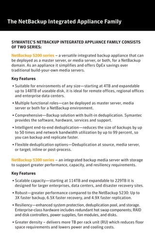 The NetBackup Integrated Appliance Family Save with NetBackup Integrated AppliancesThe Business Value of Integrated Appliances
•	 One Integrated Solution—Hardware, software, and support are
all managed by Symantec. You won’t need to unbox, load, install,
test, manage, and support multiple solution elements such as a
server, storage, operating system, backup software, and network
connectivity. There’s also no need to integrate with solutions
from other suppliers. Equally important, both source and target
deduplication is provided by one integrated solution. Symantec
provides end-to-end technical support for the appliance. There is one
phone number to call if you need assistance.
•	 Cost Efficient—NetBackup
appliances can deliver immediate
CapEx savings by consolidating
multiple backup solutions with
one platform, reducing the use
of tape for backup and disaster
recovery, and delaying or avoiding
additional hardware purchases.
Since common administrative
tasks associated with installing,
configuring, and supporting
target dedupe storage system are
eliminated, immediate and long-
term OpEx savings can be realized. Finally, Symantec licenses the use
of the appliances with a perpetual front-end capacity based licensing
model. This approach can not only reduce the total cost of ownership
when compared to other hardware-based deduplication appliances,
but also provides customers with investment protection as their
software licenses are transferable to either supported hardware
platforms or future appliances.
•	 Simple to Manage—For existing NetBackup customers, there is
no new interface to learn, the
appliance delivers the familiar
NetBackup administration
console. Day-to-day monitoring
of the appliance hardware
requires minimal intervention
from you which may also reduce
operational costs. Symantec
AutoSupport automatically
monitors key hardware components such as disks, memory, power
supplies, and fans, and will open a support ticket and contact the
customer in the event of a detected hardware problem. All hardware and
software patches as well as software upgrades are controlled by Symantec
and can be deployed in a few simple steps.
•	 Fast Performance and Scalability—NetBackup appliances have high
backup and recovery performance via distinctive multidimensional
scalability, and performance can be
scaled to run tens of thousands of
backup jobs per day (with multiple
appliances). The ability to distribute
both backup and deduplication
processing to multiple media servers
and clients and unique technologies
like NetBackup Accelerator enable organizations to meet their service
level agreements.
•	 Flexible—NetBackup appliances are
compatible with existing software
and can be mixed into an existing
environment. No complex or disruptive
migration process or time-consuming
retraining is needed. The appliance
supports source based and target-
based deduplication, in-line or post-
process deduplication, and virtual
and physical environments.
Thousands of Symantec NetBackup customers have already embraced
the value of our integrated backup appliances. With tens of thousands of
appliances deployed in more than 60 countries, our approach to improving the
end-to-end process for backup and recovery is making a positive impact on
many organizations.
KEY NETBACKUP APPLIANCE OPEX SAVINGS
•	 Acquisition—Eliminate ordering, approvals, scheduling, and delivery of
separate media server components.
•	 Installation and Integration—Remove the hassle of installation,
integration, testing, and performance tuning.
•	 Administration—Use one management console to perform multiple
tasks.
•	 Patching and Firmware Updates—Reduce compatibility issues by no
longer managing all the components for revision levels, firmware, and
more.
•	 Support—Eliminate finger pointing among different component
vendors if an issue occurs.
KEY NETBACKUP APPLIANCE CAPEX SAVINGS
•	 Storage—Reduce storage cost by replacing tape with Symantec
intelligent deduplication.
•	 Space—Save valuable floor space by combining both the backup
server and deduplication storage into one appliance.
SYMANTEC’S NETBACKUP INTEGRATED APPLIANCE FAMILY CONSISTS
OF TWO SERIES:
NetBackup 5200 series – a versatile integrated backup appliance that can
be deployed as a master server, or media server, or both, for a NetBackup
domain. As an appliance it simplifies and offers OpEx savings over
traditional build-your-own media servers.
Key Features
•	Suitable for environments of any size—starting at 4TB and expandable
up to 148TB of useable disk, it is ideal for remote offices, regional offices
and enterprise data centers.
•	Multiple functional roles—can be deployed as master server, media
server or both for a NetBackup environment.
•	Comprehensive—Backup solution with built-in deduplication. Symantec
provides the software, hardware, services and support.
•	Intelligent end-to-end deduplication—reduces the size of backups by up
to 50 times and network bandwidth utilization by up to 99 percent, so
you can backup and replicate faster.
•	Flexible deduplication options—Deduplication at source, media server,
or target; inline or post-process.
NetBackup 5300 series – an integrated backup media server with storage
to support greater performance, capacity, and resiliency requirements.
Key Features
•	Scalable capacity—starting at 114TB and expandable to 229TB it is
designed for larger enterprises, data centers, and disaster recovery sites.
•	Robust—greater performance compared to the NetBackup 5230: Up to
3X faster backup, 6.5X faster recovery, and 4.9X faster replication.
•	Resiliency—enhanced system protection, deduplication pool, and storage.
Enterprise-class hardware includes redundant hot swap components; RAID
and disk controllers, power supplies, fan modules, and disks.
•	Greater density – delivers more TB per rack unit (RU) which reduces floor
space requirements and lowers power and cooling costs.
“Some of our larger customers
that chose our integrated
appliances saved on average 45
percent of the costs associated
with acquiring, procuring,
and deploying a NetBackup
server in the first year and on
average 39 percent of ongoing
maintenance and management
costs.”5
“ESG Lab confirmed that
deploying the NetBackup 5230
Appliance was quick and easy.
The Lab took the appliance
from box to backup-ready in
less than 25 minutes.”6
“NetBackup is the most
scalable backup & recovery
solution”.7
- Principled Technologies
“Our appliance-based data
protection approach will be a
critical part of the agile data
center infrastructure that
will facilitate our build out of
cloud services-both public and
private.”8
 