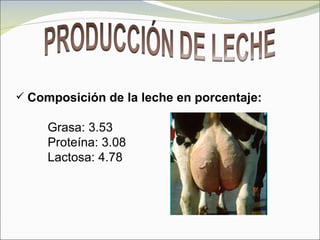 <ul><li>Composición de la leche en porcentaje: </li></ul><ul><li>  </li></ul><ul><li>Grasa: 3.53 </li></ul><ul><li>Proteín...
