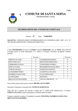Copia


                  COMUNE DI SANTACesena SOFIA
                    COMUNE DI SANTA
                          Provincia di Forlì -
                                               SOFIA
                                   Provincia di Forlì - Cesena




               DELIBERAZIONE DEL CONSIGLIO COMUNALE


                           Numero: 27        Data:   14/06/2012

OGGETTO: COMUNICAZIONI INTERROGAZIONI ED INTERPELLANZE ART. 54 E 55
DEL REGOLAMENTO DEL CONSIGLIO COMUNALE



L’anno Duemiladodici nel mese di Giugno il giorno Quattordici, alle ore 20:30, nella Sala del
Consiglio presso la Sede Municipale, si è riunito il Consiglio Comunale all’appello risultano
presenti:

                                     Presente                                       Presente
 FOIETTA FLAVIO                          S      VALBONESI DANIELE                      N
 BOATTINI LUCA                           S      RINALDINI MARIALISA                    N
 LOMBARDI FLEANA                         S      COMANDINI ANDREA                       S
 NERI LUCIANO                            S      BIANDRONNI GIANCARLO                   S
 TOSCHI ANGELO                           N      SAMPAOLI FRANCO                        S
 LUNGHERINI PIERO                        S      CAMPITELLI FLEANA                      S
 MAMBELLI GIOVANNI                       S      VALENTINI ELISA                        S
 GUIDI ISABEL                            N      PINI PINO                              S
 BRAVACCINI MAURIZIO                     S      TOTALE PRESENTI 13

Sono inoltre presenti gli assessori esterni MICHELACCI FABIO.

Partecipa il Segretario Comunale Dott. PUPILLO MARCELLO.

Dato atto che il numero dei presenti è legale per la validità della deliberazione, il Sindaco
FOIETTA FLAVIO assume la presidenza e dichiara aperta la seduta.

Vengono nominati scrutatori i Consiglieri Comunali: PINI PINO, MAMBELLI GIOVANNI,
BRAVACCINI MAURIZIO.
 
