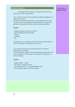ENTRE LES BALLETS 
1 3 
LE JOUR DE LA 
COMPETITION 
La stratégie nutritionnelle est à adaptée en fonction de la 
durée qu’il y a entre chaque ballet. 
S’il y a plus de 3 heures entre les ballets on applique simplement « la 
règle des 3 heures », 
On reprend les menus vus plus haut, en les adaptant sucré ou salé, 
chauds ou froid, en les allégeant éventuellement mais toujours en 
gardant le même schéma afin de faire une collation équilibrée. 
Exemple : 
. Sandwich jambon (très peu de beurre) 
. Carottes légèrement assaisonnées. 
. 1laitage 
. 1 compote 
. Eau 
Une salade de riz ou de pâte avec une source de protéines pourrait 
très bien remplacer le sandwich et les carottes. 
S’il y a moins de 3 heures entre les ballets une mini collation 
équilibrée est à envisager : 
Il faut absolument qu’elle ait un index glycémique bas sans être trop 
riche en graisse et en fibres (pour ne pas gêner à la digestion ou 
irriter l’intestin). 
Exemple : 
. Sandwich léger + laitage 
. Pain d’épice + laitage non sucré 
. 3 ou 4 petits beurres + laitage légèrement sucré 
+ bien s’hydrater jusqu'au prochain passage 
 