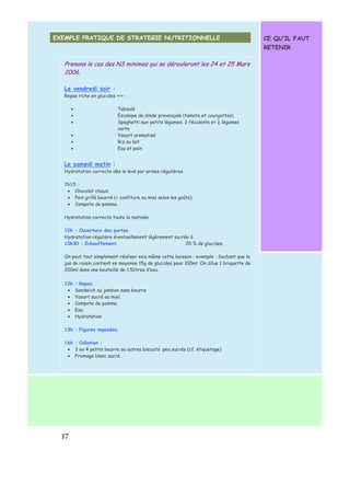 EXEMPLE PRATIQUE DE STRATEGIE NUTRITIONNELLE 
1 7 
CE QU’IL FAUT 
RETENIR 
Prenons le cas des N3 minimes qui se dérouleront les 24 et 25 Mars 
2006. 
Le vendredi soir : 
Repas riche en glucides +++ : 
·  Taboulé 
·  Escalope de dinde provençale (tomate et courgettes) 
·  Spaghetti aux petits légumes. ¾ féculents et ¼ légumes 
verts 
·  Yaourt aromatisé 
·  Riz au lait 
·  Eau et pain 
Le samedi matin : 
Hydratation correcte dès le levé par prises régulières. 
7h15 : 
·  Chocolat chaud. 
·  Pain grillé beurré (+ confiture ou miel selon les goûts). 
·  Compote de pomme. 
Hydratation correcte toute la matinée 
10h : Ouverture des portes. 
Hydratation régulière éventuellement légèrement sucrée à 
10h30 : Echauffement. 20 % de glucides. 
On peut tout simplement réaliser sois même cette boisson : exemple : Sachant que le 
jus de raisin contient en moyenne 15g de glucides pour 100ml .On dilue 1 briquette de 
200ml dans une bouteille de 1.5litres d’eau. 
12h : Repas. 
·  Sandwich au jambon sans beurre. 
·  Yaourt sucré au miel. 
·  Compote de pomme. 
·  Eau. 
·  Hydratation 
13h : Figures imposées. 
16h : Collation : 
·  3 ou 4 petits beurre ou autres biscuits peu sucrés (cf. étiquetage) 
·  Fromage blanc sucré. 
 