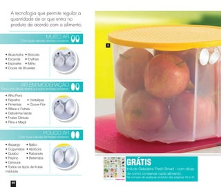 40
1
• Alcachofra • Brócolis
• Escarola • Ervilhas
• Espinafre • Milho
• Couve de Bruxelas
• Alho Poró
• Repolho • Hortaliças
• Pimentas • Couve-Flor
• Alface e Folhas
• Cebolinha Verde
• Frutas Cítricas
• Pêra e Maçã
• Aspargo • Nabo
• Cogumelos • Abóbora
• Quiabo • Rabanete
• Pepino • Beterraba
• Cenoura
• Todos os tipos de frutas
maduras
A tecnologia que permite regular a
quantidade de ar que entra no
produto de acordo com o alimento.
MUITO AR
Com duas válvulas abertas conserve:
AR EM MODERAÇÃO
Com uma válvula aberta e a outra fechada conserve:
POUCO AR
Com duas válvulas fechadas conserve:
GRÁTIS
Imã de Geladeira Fresh Smart - com dicas
de como conservar cada alimento.
Na compra de qualquer produto das páginas 40 e 41
vitrine04_2014 2/11/14 1:50 PM Page 40
 