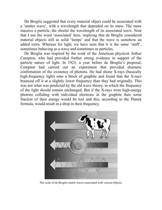 De Broglie suggested that every material object could be associated with
a ‘matter wave’, with a wavelength that depended on its mass. The more
massive a particle, the shorter the wavelength of its associated wave. Note
that I use the word ‘associated’ here, implying that de Broglie considered
material objects still as solid ‘lumps’ and that the wave is somehow an
added extra. Whereas for light, we have seen that it is the same ‘stuff’,
sometimes behaving as a wave and sometimes as particles.
De Broglie was inspired by the work of the American physicist Arthur
Compton, who had provided further strong evidence in support of the
particle nature of light. In 1923, a year before de Broglie’s proposal,
Compton had carried out an experiment that provided dramatic
confirmation of the existence of photons. He had shone X-rays (basically
high-frequency light) onto a block of graphite and found that the X-rays
bounced off it at a slightly lower frequency than they had originally. This
was not what was predicted by the old wave theory, in which the frequency
of the light should remain unchanged. But if the X-rays were high-energy
photons colliding with individual electrons in the graphite then some
fraction of their energy would be lost and this, according to the Planck
formula, would result in a drop in their frequency.
The scale of de Broglie matter waves associated with various objects.
 