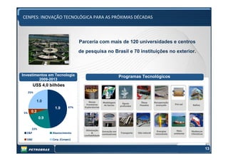 CENPES: INOVAÇÃO TECNOLÓGICA PARA AS PRÓXIMAS DÉCADAS




                                     Parceria com mais de 120 universidades e centros
                                     de pesquisa no Brasil e 70 instituições no exterior.



Investimentos em Tecnologia                                            Programas Tecnológicos
         2009-2013
        US$ 4,0 bilhões
      25%


            1.0                           Novas         Modelagem                     Óleos       Recuperação
                                                                         Águas                                  Pré-sal
                                        Fronteiras       de bacias                   Pesados       avançada                 Refino
                                                                       profundas
                    1.9        47%     Exploratorias

 5%    0.2
             0.9

     23%                                Otimização
                                                        Inovação em                                 Energias      Meio     Mudanças
  E&P              Abastecimento             &
                                                        combustíveis
                                                                       Transporte   Gás natural
                                                                                                   renováveis   ambiente   Climáticas
                                       confiabilidade
  G&E              Corp. (Cenpes)


13                                                                                                                                      13
 