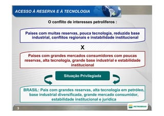 ACESSO À RESERVA E À TECNOLOGIA

                O conflito de interesses petrolíferos :

    Países com muitas reservas, pouca tecnologia, reduzida base
       industrial, conflitos regionais e instabilidade institucional

                                  X
      Países com grandes mercados consumidores com poucas
    reservas, alta tecnologia, grande base industrial e estabilidade
                              institucional

                         Situação Privilegiada


    BRASIL: País com grandes reservas, alta tecnologia em petróleo,
      base industrial diversificada, grande mercado consumidor,
                  estabilidade institucional e jurídica

3
 