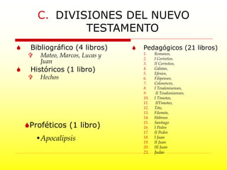 C. DIVISIONES DEL NUEVO
TESTAMENTO
 Bibliográfico (4 libros)
 Mateo, Marcos, Lucas y
Juan
 Históricos (1 libro)
 Hechos
 Pedagógicos (21 libros)
1. Romanos,
2. I Corintios,
3. II Corintios,
4. Gálatas,
5. Efesios,
6. Filipenses,
7. Colosences,
8. I Tesalonisenses,
9. II Tesalonisenses,
10. I Timoteo,
11. IITimoteo,
12. Tito,
13. Filemón,
14. Hebreos
15. Santiago
16. I Pedro
17. II Pedro
18. I Juan
19. II Juan
20. III Juan
21. Judas
Proféticos (1 libro)
•Apocalipsis
 