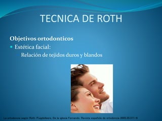 TECNICA DE ROTH
Objetivos ortodonticos
 Estética facial:
 Relación de tejidos duros y blandos
La ortodoncia según Roth. Puigdolleers, De la iglesia Fernando. Revista española de ortodoncia 2005;35:371-6
 
