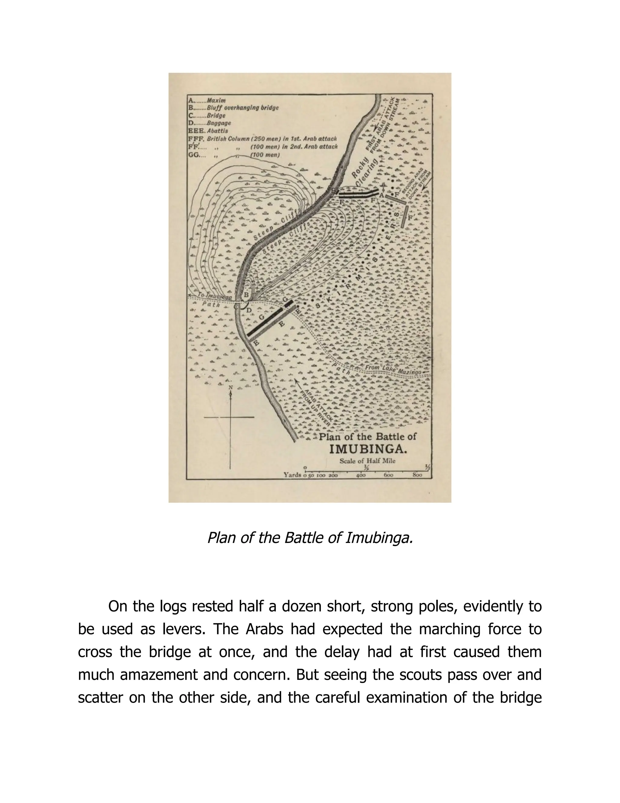 Plan of the Battle of Imubinga.
On the logs rested half a dozen short, strong poles, evidently to
be used as levers. The Arabs had expected the marching force to
cross the bridge at once, and the delay had at first caused them
much amazement and concern. But seeing the scouts pass over and
scatter on the other side, and the careful examination of the bridge
 