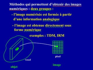 Méthodes qui permettent d’obtenir des images
numériques : deux groupes :
- l’image numérisée est formée à partir
d’une information analogique
- l’image est obtenue directement sous
forme numérique
exemples : TDM, IRM
objet
voxel
pixel
image
 