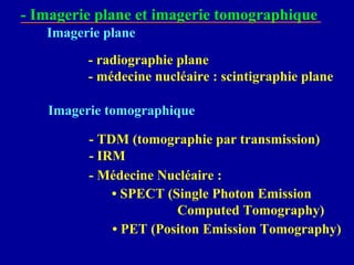 Imagerie plane
- Imagerie plane et imagerie tomographique
- radiographie plane
- médecine nucléaire : scintigraphie plane
Imagerie tomographique
- TDM (tomographie par transmission)
- IRM
- Médecine Nucléaire :
• SPECT (Single Photon Emission
Computed Tomography)
• PET (Positon Emission Tomography)
 