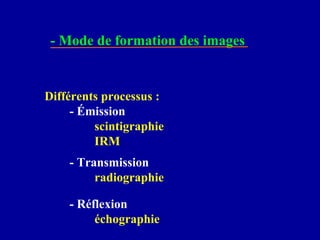 - Mode de formation des images
Différents processus :
- Émission
scintigraphie
IRM
- Transmission
radiographie
- Réflexion
échographie
 