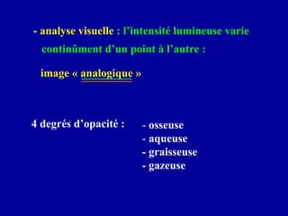 - analyse visuelle : l’intensité lumineuse varie
continûment d’un point à l’autre :
image « analogique »
4 degrés d’opacité : - osseuse
- aqueuse
- graisseuse
- gazeuse
 
