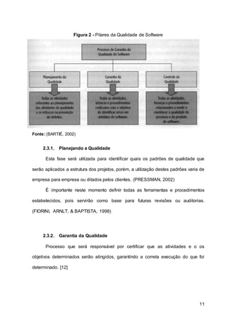 11
Figura 2 - Pilares da Qualidade de Software
Fonte: (BARTIÉ, 2002)
2.3.1. Planejando a Qualidade
Esta fase será utilizada para identificar quais os padrões de qualidade que
serão aplicados a estrutura dos projetos, porém, a utilização destes padrões varia de
empresa para empresa ou ditados pelos clientes. (PRESSMAN, 2002)
É importante neste momento definir todas as ferramentas e procedimentos
estabelecidos, pois servirão como base para futuras revisões ou auditorias.
(FIORINI, ARNLT, & BAPTISTA, 1998)
2.3.2. Garantia da Qualidade
Processo que será responsável por certificar que as atividades e o os
objetivos determinados serão atingidos, garantindo a correta execução do que foi
determinado. [12]
 