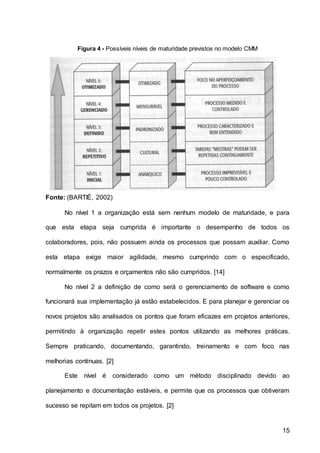 15
Figura 4 - Possíveis níveis de maturidade previstos no modelo CMM
Fonte: (BARTIÉ, 2002)
No nível 1 a organização está sem nenhum modelo de maturidade, e para
que esta etapa seja cumprida é importante o desempenho de todos os
colaboradores, pois, não possuem ainda os processos que possam auxiliar. Como
esta etapa exige maior agilidade, mesmo cumprindo com o especificado,
normalmente os prazos e orçamentos não são cumpridos. [14]
No nível 2 a definição de como será o gerenciamento de software e como
funcionará sua implementação já estão estabelecidos. E para planejar e gerenciar os
novos projetos são analisados os pontos que foram eficazes em projetos anteriores,
permitindo à organização repetir estes pontos utilizando as melhores práticas.
Sempre praticando, documentando, garantindo, treinamento e com foco nas
melhorias continuas. [2]
Este nível é considerado como um método disciplinado devido ao
planejamento e documentação estáveis, e permite que os processos que obtiveram
sucesso se repitam em todos os projetos. [2]
 