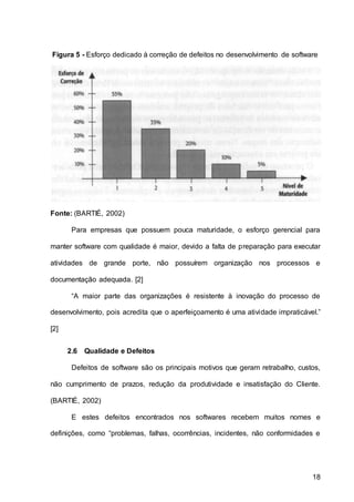 18
Figura 5 - Esforço dedicado à correção de defeitos no desenvolvimento de software
Fonte: (BARTIÉ, 2002)
Para empresas que possuem pouca maturidade, o esforço gerencial para
manter software com qualidade é maior, devido a falta de preparação para executar
atividades de grande porte, não possuírem organização nos processos e
documentação adequada. [2]
“A maior parte das organizações é resistente à inovação do processo de
desenvolvimento, pois acredita que o aperfeiçoamento é uma atividade impraticável.”
[2]
2.6 Qualidade e Defeitos
Defeitos de software são os principais motivos que geram retrabalho, custos,
não cumprimento de prazos, redução da produtividade e insatisfação do Cliente.
(BARTIÉ, 2002)
E estes defeitos encontrados nos softwares recebem muitos nomes e
definições, como “problemas, falhas, ocorrências, incidentes, não conformidades e
 