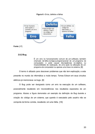 20
Figura 6 - Erros, defeitos e falhas
Fonte: [17]
2.6.2 Bug
É um erro no funcionamento comum de um software, também
chamado de falha na lógica programacional de um programa de
computador, e pode causar discrepâncias no objetivo, ou
impossibilidade de realização, de uma ação na utilização de um
programa de computador ou apenas uma trava no sistema. [8]
O termo é utilizado para descrever problemas que não tem explicação, e esta
presente no mundo da informática a muito tempo. Tomas Edison em seus circuitos
elétricos já mencionava os bugs. [8]
O Bug pode ser designado como um erro na execução de um software,
possivelmente resultando em inconsistências nos resultados esperados de um
programa. Abaixo a figura demonstra um exemplo da definição de Bug durante a
criação do código de um sistema, que quando é executado pelo usuário não se
comporta da forma correta, resultando em uma falha. [18]
 