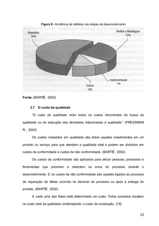 23
Figura 9 - Incidência de defeitos nas etapas de desenvolvimento
Fonte: (BARTIÉ, 2002)
2.7 O custo da qualidade
“O custo da qualidade inclui todos os custos decorrentes da busca da
qualidade ou da execução das atividades relacionadas à qualidade.” (PRESSMAN
R. , 2002)
Os custos investidos em qualidade são todos aqueles investimentos em um
produto ou serviço para que atendam a qualidade total e podem ser divididos em
custos da conformidade e custos da não conformidade. (BARTIÉ, 2002)
Os custos da conformidade são aplicados para alocar pessoas, processos e
ferramentas que previnam e detectem os erros do processo durante o
desenvolvimento. E os custos da não conformidade são aqueles ligados ao processo
de reparação de falhas ocorrido no decorrer do processo ou após a entrega do
produto. (BARTIÉ, 2002)
A cada uma das fases está determinado um custo. Todos somados resultam
no custo total da qualidade contemplando o custo da construção. [19]
 