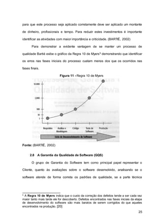 25
para que este processo seja aplicado corretamente deve ser aplicado um montante
de dinheiro, profissionais e tempo. Para reduzir estes investimentos é importante
identificar as atividades com maior importância e criticidade. (BARTIÉ, 2002)
Para demonstrar a evidente vantagem de se manter um processo de
qualidade Bartié exibe o gráfico da Regra 10 de Myers5 demonstrando que identificar
os erros nas fases iniciais do processo custam menos dos que os ocorridos nas
fases finais.
Figura 11 - Regra 10 de Myers
Fonte: (BARTIÉ, 2002)
2.8 A Garantia da Qualidade de Software (GQS)
O grupo de Garantia do Software tem como principal papel representar o
Cliente, quanto às avaliações sobre o software desenvolvido, analisando se o
software atende de forma correta os padrões de qualidade, se a parte técnica
5
A Regra 10 de Myers indica que o custo da correção dos defeitos tende a ser cada vez
maior tanto mais tarde ele for descoberto. Defeitos encontrados nas fases iniciais da etapa
de desenvolvimento do software são mais baratos de serem corrigidos do que aqueles
encontrados na produção. [20]
 