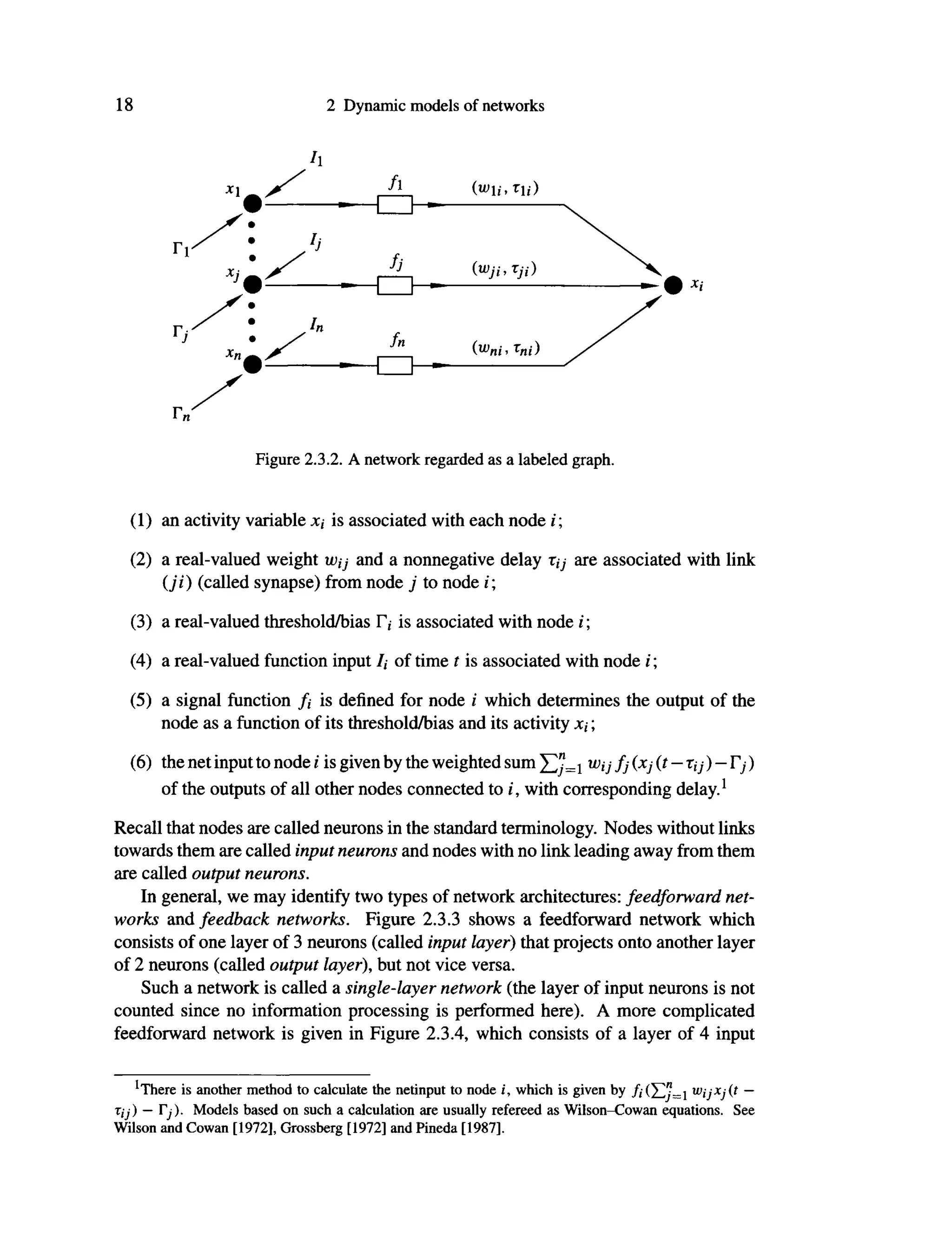 18 2 Dynamic models of networks
h
fl (ωπ,τι,·)
IV
f j (wji, τμ)
Xi
j ·
x
n ^
In
fn τ
ηί)
Τη
Figure 2.3.2. A network regarded as a labeled graph.
(1) an activity variable χι is associated with each node i;
(2) a real-valued weight Wjj and a nonnegative delay r,·_/ are associated with link
(ji) (called synapse) from node j to node i;
(3) a real-valued threshold/bias Γ,· is associated with node i
(4) a real-valued function input /,· of time t is associated with node i;
(5) a signal function /, is defined for node i which determines the output of the
node as a function of its threshold/bias and its activity ;
(6) the net input to node i is given by the weighted sum 1 Wij f j (xj (t — r[y·) — Γ;·)
of the outputs of all other nodes connected to i, with corresponding delay.1
Recall that nodes are called neurons in the standard terminology. Nodes without links
towards them are called input neurons and nodes with no link leading away from them
are called output neurons.
In general, we may identify two types of network architectures: feedforward net-
works and feedback networks. Figure 2.3.3 shows a feedforward network which
consists of one layer of 3 neurons (called input layer) that projects onto another layer
of 2 neurons (called output layer), but not vice versa.
Such a network is called a single-layer network (the layer of input neurons is not
counted since no information processing is performed here). A more complicated
feedforward network is given in Figure 2.3.4, which consists of a layer of 4 input
'There is another method to calculate the netinput to node i, which is given by /,· w
ijx
j(t —
Tjj) — Tj). Models based on such a calculation are usually refereed as Wilson-Cowan equations. See
Wilson and Cowan [1972], Grossberg [1972] and Pineda [1987],
 