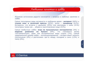 Любимые занятия и хобби

Изучение источников радости начинается с вопроса о любимых занятиях и
хобби.
Самые популярные виды активности в свободное время - интернет (66%) и
чтение книг и печатной прессы (65%), затем – телевизор (61%).
Интересно, что встречи с друзьями (45%) или разговоры с ними (41%)
популярны также как … уборка и приготовление пищи (41%).
Самые необычные хобби: игра на музыкальных инструментах (4%) и
ведение     дневника   на   бумаге    (6%),  что    становится   более
«экстремальным», даже чем экстремальные виды спорта (7%). Самый
традиционный пример хобби – коллекционирование – сегодня имеет немного
поклонников (9%) и расположен где-то между походами в кино (13%) и
театр (8%).                                                                  6



                                                                         6
 