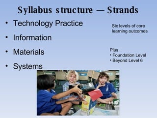 Syllabus structure  —  Strands Technology Practice Information Materials Systems Six levels of core learning outcomes Plus  Foundation Level Beyond Level 6 