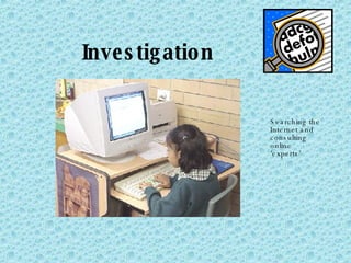 Investigation Searching the Internet and consulting online ‘experts’ 