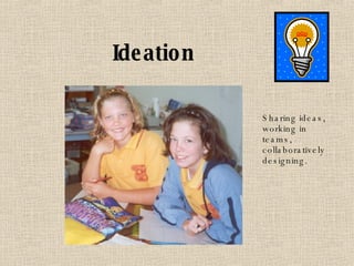 Ideation Sharing ideas, working in teams, collaboratively designing. 