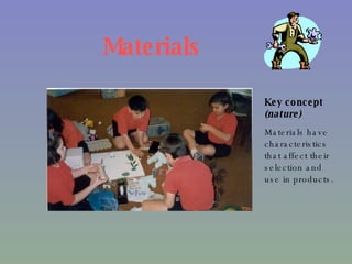 Materials Key concept (nature) Materials have characteristics that affect their selection and use in products. 
