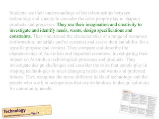 Students use their understandings of the relationships between
technology and society to consider the roles people play in shaping
products and processes. They use their imagination and creativity to
investigate and identify needs, wants, design specifications and
constraints. They understand the characteristics of a range of resources
(information, materials and/or systems) and assess their suitability for a
specific purpose and context. They compare and describe the
characteristics of Australian and imported resources, investigating their
impact on Australian technological processes and products. They
investigate design challenges and consider the roles that people play in
shaping technologies to meet changing needs and wants and preferred
futures. They recognise the many different fields of technology and the
people who work in occupations that use technology to design solutions
for community needs.
 
