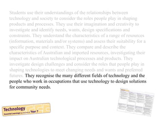 Students use their understandings of the relationships between
technology and society to consider the roles people play in shaping
products and processes. They use their imagination and creativity to
investigate and identify needs, wants, design specifications and
constraints. They understand the characteristics of a range of resources
(information, materials and/or systems) and assess their suitability for a
specific purpose and context. They compare and describe the
characteristics of Australian and imported resources, investigating their
impact on Australian technological processes and products. They
investigate design challenges and consider the roles that people play in
shaping technologies to meet changing needs and wants and preferred
futures. They recognise the many different fields of technology and the
people who work in occupations that use technology to design solutions
for community needs.
 