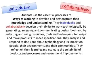 Students use the essential processes of
Ways of working to develop and demonstrate their
Knowledge and understanding. They individually and
collaboratively develop their ability to work technologically by
generating, assessing and communicating design ideas and by
selecting and using resources, tools and techniques, to design
and make products to meet specifications. They analyse and
respond to decisions about technology and its impact on
people, their environments and their communities. They
reflect on their learning and evaluate the suitability of
products and processes and recommend improvements.
 