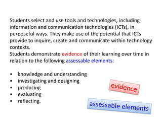 Students select and use tools and technologies, including
information and communication technologies (ICTs), in
purposeful ways. They make use of the potential that ICTs
provide to inquire, create and communicate within technology
contexts.
Students demonstrate evidence of their learning over time in
relation to the following assessable elements:
• knowledge and understanding
• investigating and designing
• producing
• evaluating
• reflecting.
 