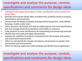 Students are able to:
• investigate and analyse the purpose, context, specifications and constraints for
design ideas
• generate and evaluate design ideas and determine suitability based on purpose,
specifications and constraints
• communicate the details of designs showing relative proportion, using labelled
drawings, models and/or plans
• select resources, techniques and tools to make products that meet specifications
• plan and manage production procedures and modify as necessary
• make products to meet specifications by manipulating and processing resources
• identify risks and justify and apply safe practices
• evaluate the suitability of products and processes for the purpose and context,
and recommend improvements
• reflect on and identify the impacts of products and processes on people, their
communities and environments
• reflect on learning, apply new understandings and identify future applications.
investigate and analyse the purpose, context,
specifications and constraints for design ideas
investigate and analyse the purpose, context,
specifications and constraints for design ideas
 