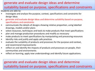 Students are able to:
• investigate and analyse the purpose, context, specifications and constraints for
design ideas
• generate and evaluate design ideas and determine suitability based on purpose,
specifications and constraints
• communicate the details of designs showing relative proportion, using labelled
drawings, models and/or plans
• select resources, techniques and tools to make products that meet specifications
• plan and manage production procedures and modify as necessary
• make products to meet specifications by manipulating and processing resources
• identify risks and justify and apply safe practices
• evaluate the suitability of products and processes for the purpose and context,
and recommend improvements
• reflect on and identify the impacts of products and processes on people, their
communities and environments
• reflect on learning, apply new understandings and identify future applications.
generate and evaluate design ideas and determine
suitability based on purpose, specifications and constraints
generate and evaluate design ideas and determine
suitability based on purpose, specifications and constraints
 