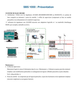 SBS 1000 : Présentation
SYSTEME DE BASE SBS1000
Architecture : Utilisé avec les régulateurs AUGIER (DIAM4000/4200/2000 ou DIAMANT), le système de
base comporte au minimum 1 poste de contrôle, 1 coffret de supervision (comprenant en base un module
passerelle et son alimentation) et le matériel à superviser.
L’ utilisation de régulateurs non AUGIER nécessite une adaptation logicielle et / ou matérielle (interfaçage
RS485, par exemple), réalisable sur devis.
Maintenance :
Coffret de supervision :
Déterminé d’après le retour d’information dans la vue « Maintenance », l’élément en panne peut-être aisément
remplacé, sans modifications particulière ni rechargement de logiciel. (Module passerelle en pièce détachée :
livré « plug and play »).
Poste de contrôle : ne comportant pas de logiciel particulier, il peut être facilement et très rapidement remplacé
(nécessite simplement un navigateur Internet).
 