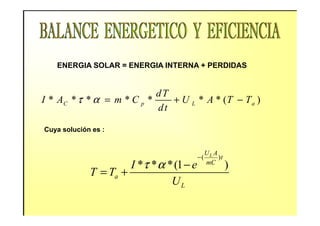 ENERGIA SOLAR = ENERGIA INTERNA + PERDIDAS
* * * * * * * ( )C p L a
dT
I A m C U A T T
dt
τ α = + −
Cuya solución es :
( )
* * *(1 )
LU A
t
mC
a
L
I e
T T
U
τ α
−
−
= +
 