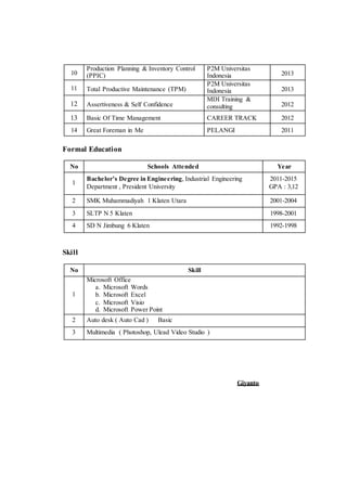10
Production Planning & Inventory Control
(PPIC)
P2M Universitas
Indonesia 2013
11 Total Productive Maintenance (TPM)
P2M Universitas
Indonesia 2013
12 Assertiveness & Self Confidence
MDI Training &
consulting 2012
13 Basic Of Time Management CAREER TRACK 2012
14 Great Foreman in Me PELANGI 2011
Formal Education
No Schools Attended Year
1
Bachelor’s Degree in Engineering, Industrial Engineering
Department , President University
2011-2015
GPA : 3,12
2 SMK Muhammadiyah 1 Klaten Utara 2001-2004
3 SLTP N 5 Klaten 1998-2001
4 SD N Jimbung 6 Klaten 1992-1998
Skill
No Skill
1
Microsoft Office
a. Microsoft Words
b. Microsoft Excel
c. Microsoft Visio
d. Microsoft Power Point
2 Auto desk ( Auto Cad ) Basic
3 Multimedia ( Photoshop, Ulead Video Studio )
Giyanto
 