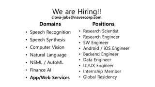 We are Hiring!!
Domains
• Speech Recognition
• Speech Synthesis
• Computer Vision
• Natural Language
• NSML / AutoML
• Finance AI
• App/Web Services
Positions
• Research Scientist
• Research Engineer
• SW Engineer
• Android / iOS Engineer
• Backend Engineer
• Data Engineer
• UI/UX Engineer
• Internship Member
• Global Residency
clova-jobs@navercorp.com
 