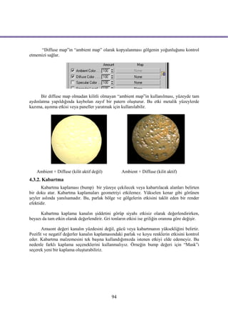 “Diffuse map”in “ambient map” olarak kopyalanması gölgenin yoğunluğunu kontrol
etmemizi sağlar.




      Bir diffuse map olmadan kilitli olmayan “ambient map”in kullanılması, yüzeyde tam
aydınlatma yapıldığında kaybolan zayıf bir patern oluşturur. Bu etki metalik yüzeylerde
kazıma, aşınma etkisi veya paneller yaratmak için kullanılabilir.




    Ambient + Diffuse (kilit aktif değil)           Ambient + Diffuse (kilit aktif)
4.3.2. Kabartma
       Kabartma kaplaması (bump) bir yüzeye çekilecek veya kabartılacak alanları belirten
bir doku atar. Kabartma kaplamaları geometriyi etkilemez. Yükselen kenar gibi görünen
şeyler aslında yanılsamadır. Bu, parlak bölge ve gölgelerin etkisini taklit eden bir render
efektidir.

      Kabartma kaplama kanalın şiddetini görüp siyahı etkisiz olarak değerlendirirken,
beyazı da tam etkin olarak değerlendirir. Gri tonların etkisi ise griliğin oranına göre değişir.

       Amuont değeri kanalın yüzdesini değil, gücü veya kabartmanın yüksekliğini belirtir.
Pozifit ve negatif değerler kanalın kaplamasındaki parlak ve koyu renklerin etkisini kontrol
eder. Kabartma malzemesini tek başına kullandığımızda istenen etkiyi elde edemeyiz. Bu
nedenle farklı kaplama seçeneklerini kullanmalıyız. Örneğin bump değeri için “Mask”ı
seçerek yeni bir kaplama oluşturabiliriz.




                                              94
 