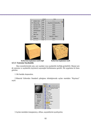 Kabartma kaplaması seçili değil         Kabartma kaplaması seçili
4.3.3. Yansıma Saydamlık
      Bazı nesnelerimizde cam, yarı saydam veya saydamlık özelliği gerekebilir. Bunun için
de yansıma ve saydamlık (raytracer) seçeneğini kullanmamız gerekir. Bir uygulama ile bunu
görelim:

   1. Bir bardak oluşturalım.

    2.Material Editorden Standard çubuğuna tıkladığımızda açılan menüden “Raytrace”
seçin.




   3.Açılan menüden transparency, difuse, seçeneklerini ayarlayalım.


                                              95
 