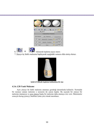 6.          +             tıklanarak kaplama şişeye atanır.
   7. Şişeye üç farklı malzeme kaplayarak aşağıdaki sonucu elde etmiş oluruz.




                       Şekil:4.5:Bileşik kaplama kullanılmış bir şişe

4.3.6. Çift Yanlı Malzeme
       Aynı yüzeye iki farklı malzeme atanması gerektiği durumlarda kullanılır. Normalde
bir nesneye atanan malzeme o nesnenin iki yanını kaplar. Bu seçenek bir yüzeye bir
malzeme atamanıza ve aynı yüzeye başka bir malzeme daha atamaya izin verir. Malzemeler
sırasıyla facing (yüzey), backface (arka yüz) olarak tanımlanır.




                                            99
 