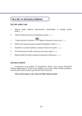 ÖLÇME VE DEĞERLENDİRME
 ÖLÇME VE DEĞERLENDİRME

ÖLÇME SORULARI

1.    Material Editör kaplama malzemelerinin oluşturulduğu ve atandığı panelin
      adıdır.(......)

2.    Material Editör’de yalnızca renk kaplaması yapılır. (......)


3.    “Assign Material to Selection”         düğmesi malzemeyi nesneye atar. (......)

4.    Diffuse renk malzemesi gerçek yaşamda kullandığımız renktir. (......)

5.    Saydamlık ve yansıma kaplaması composite malzeme ile yapılır. (......)

6.    Alt üst malzemesi iki farklı malzemeyi aynı yüzeye kaplar. (......)

7.    Material Editör’de bileşik (composite) malzemeler kullanılmaz. (......)



DEĞERLENDİRME

      Cevaplarınızı cevap anahtarı ile karşılaştırınız. Doğru cevap sayınızı belirleyerek
kendinizi değerlendiriniz. Yanlış cevap verdiğiniz ya da cevap verirken tereddüt yaşadığınız
sorularla ilgili konuları faaliyete geri dönerek tekrar inceleyiniz

      Tüm sorulara doğru cevap verdiyseniz diğer faaliyete geçiniz.




                                             102
 