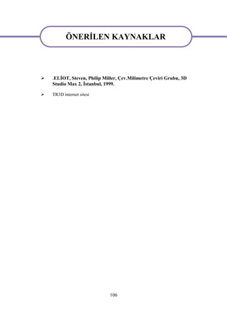 ÖNERİLEN KAYNAKLAR
                 KAYN
          ÖNERİLEN KAYNAKLAR
                AKLAR:
   .ELİOT, Steven, Philip Miller, Çev.Milimetre Çeviri Grubu, 3D
    Studio Max 2, İstanbul, 1999.

   TR3D internet sitesi




                              106
 